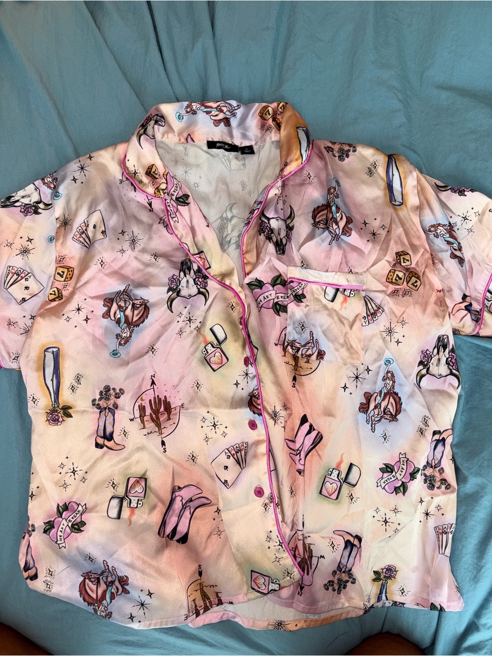 Nasty Gal Pink Printed Short-Sleeve Button-Up Pajama Top